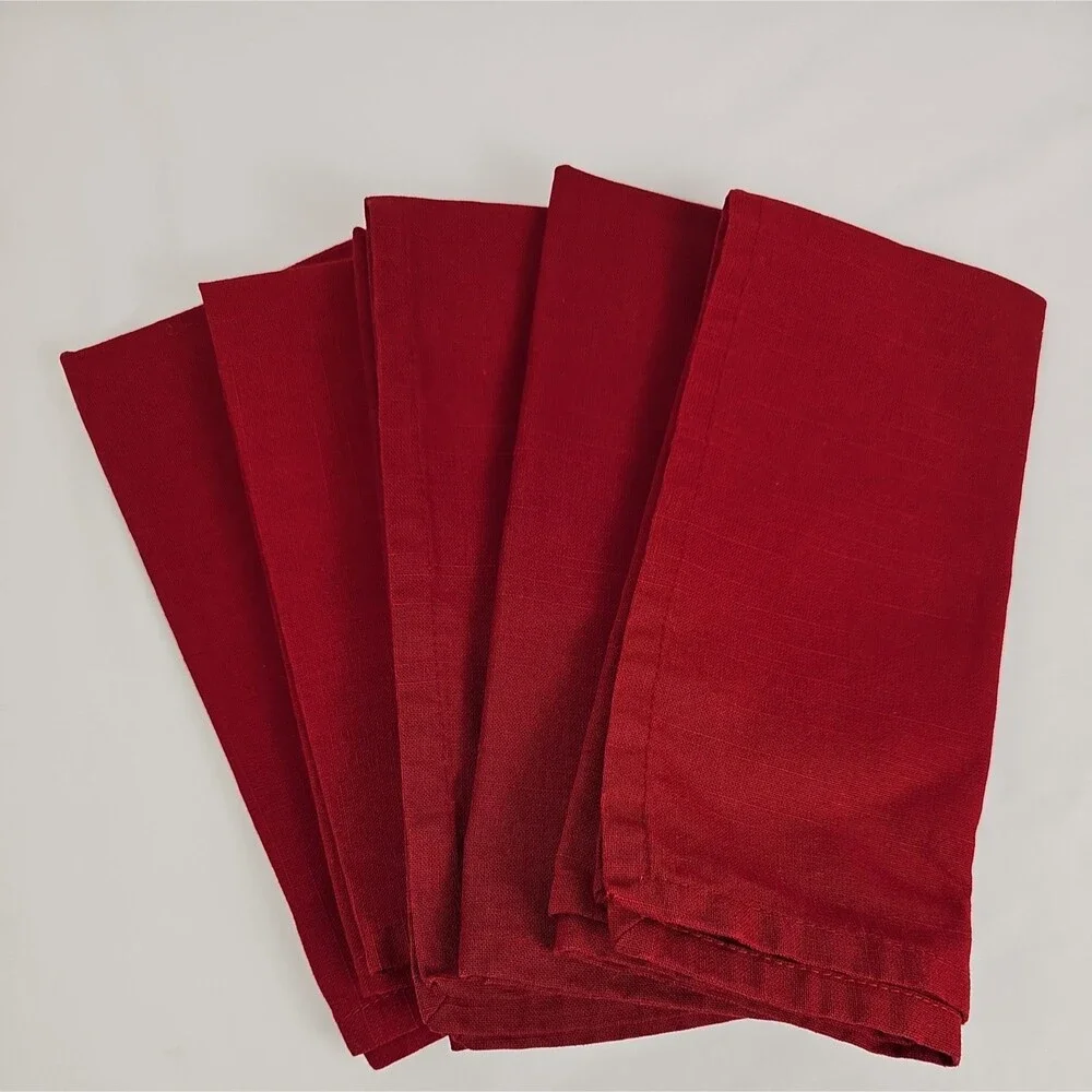 Set of 5 Red Cotton Cloth Dinner Napkins Solid Holiday Table Linens 17x17